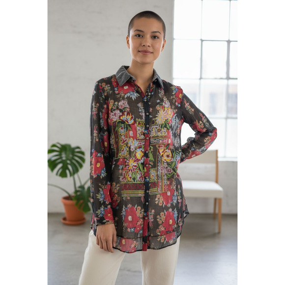 Aratta Shirt Womens Small Black Floral Embroidered Sheer Tunic Boho ED18I34 - Picture 1 of 11